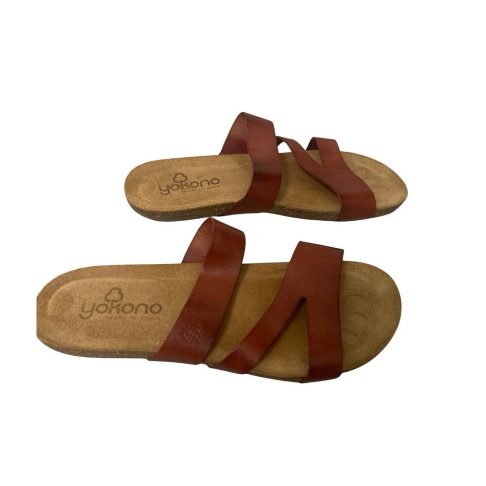 Yokono Spain Leather Cork Footbed Slide Sandals Cognac Boho Size 8 Mediterranean